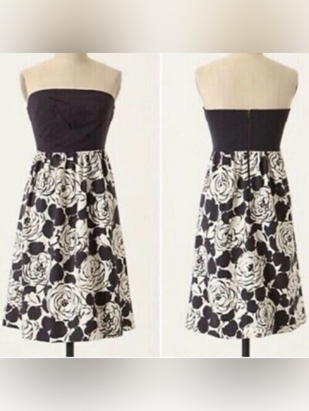 Anthropologie Strapless Black Bodice with White & Black Floral Skirt Dress